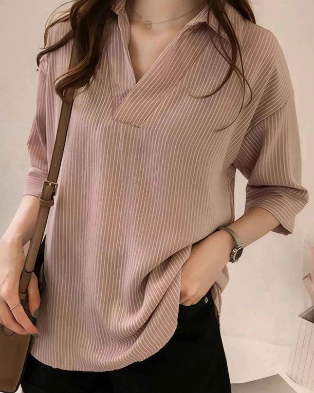 Striped Collared Neck Shirt - Trendsi