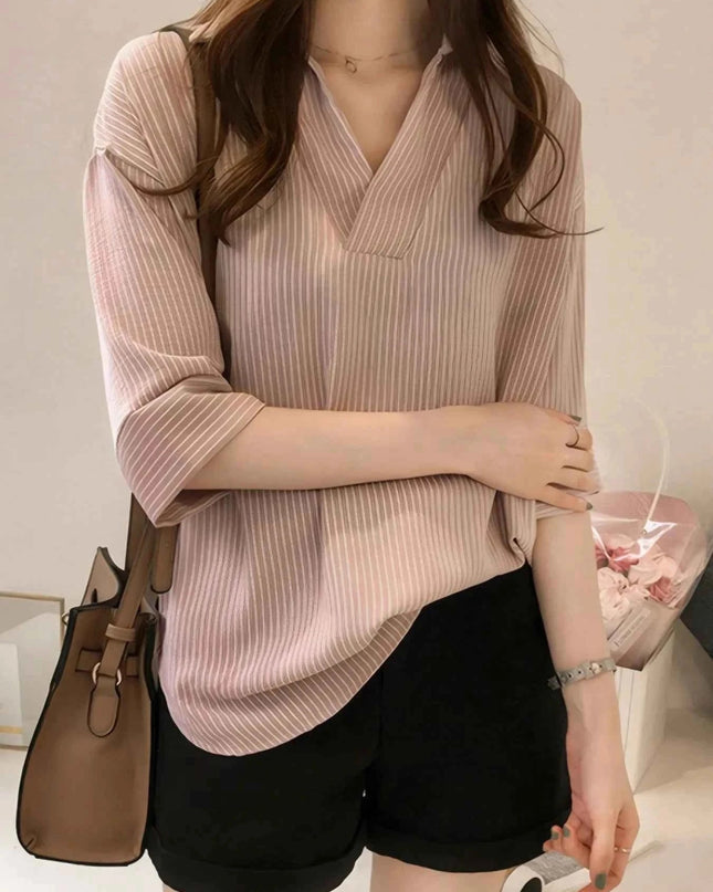Striped Collared Neck Shirt - Trendsi