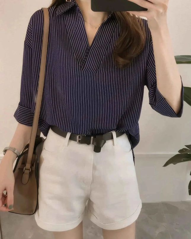 Striped Collared Neck Shirt - Trendsi