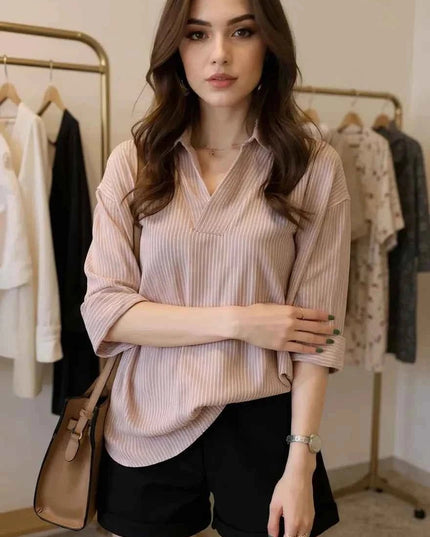 Striped Collared Neck Shirt - Trendsi