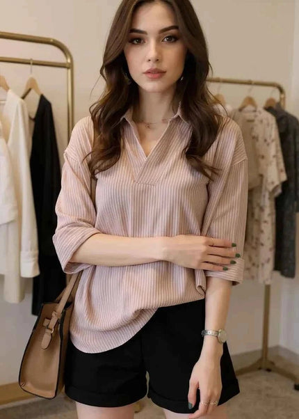 Striped Collared Neck Shirt - Trendsi