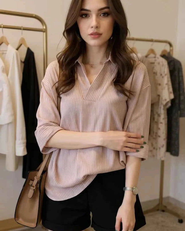 Striped Collared Neck Shirt - Trendsi