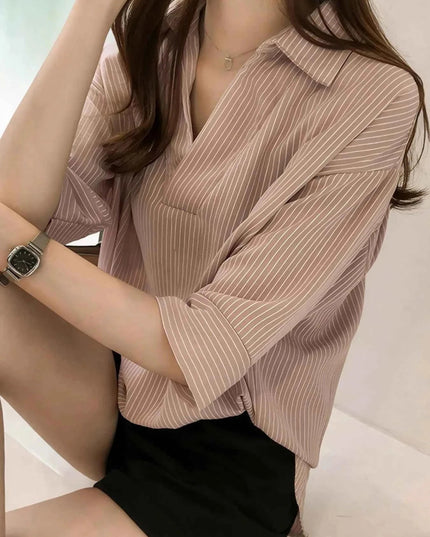 Striped Collared Neck Shirt - Trendsi