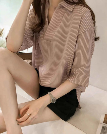 Striped Collared Neck Shirt - Trendsi