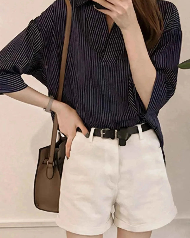 Striped Collared Neck Shirt - Trendsi
