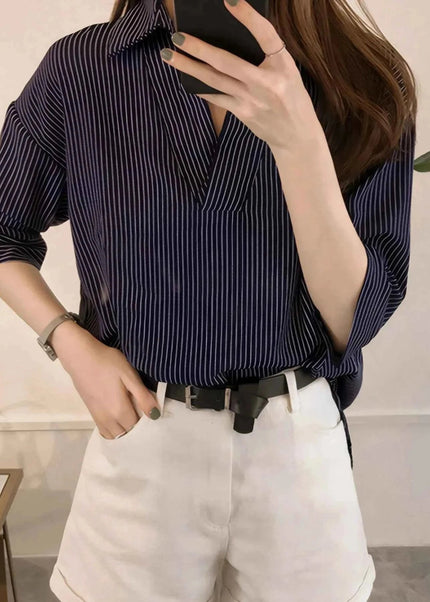 Striped Collared Neck Shirt - Trendsi