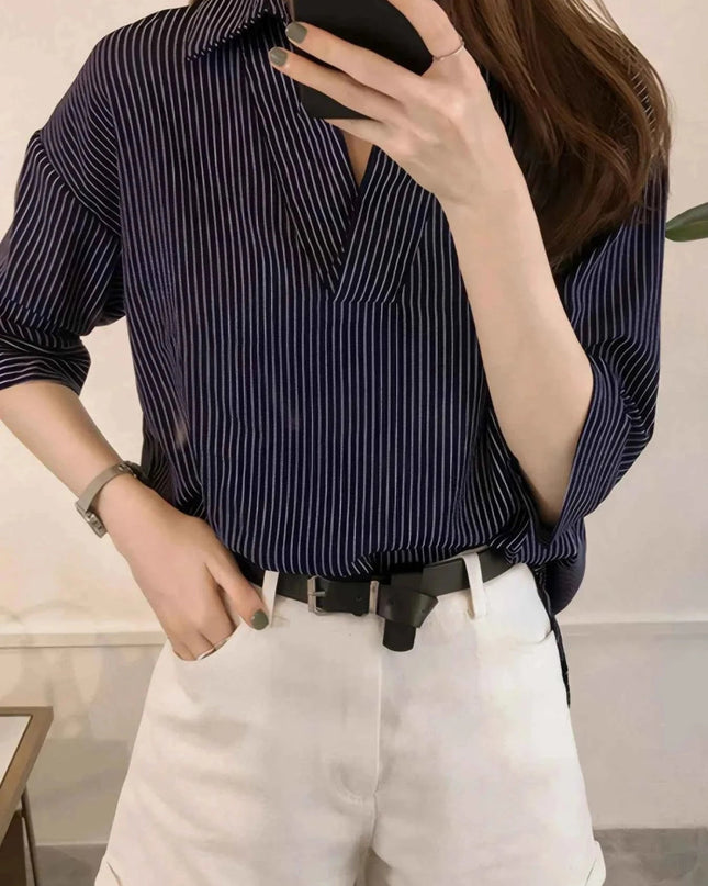 Striped Collared Neck Shirt - Trendsi