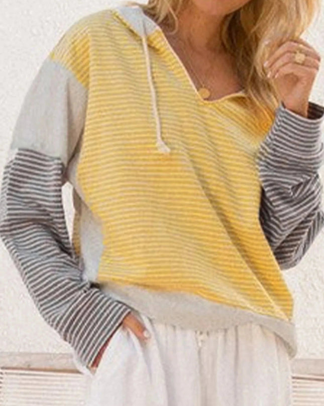 Striped Color Block Hoodie with Drawstring - Trendsi