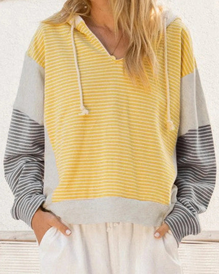 Striped Color Block Hoodie with Drawstring - Trendsi