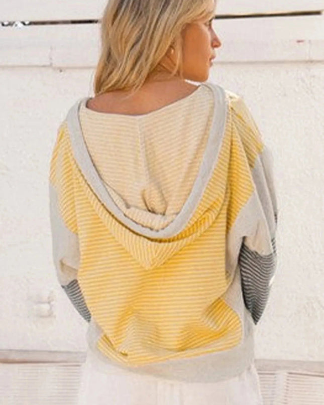 Striped Color Block Hoodie with Drawstring - Trendsi