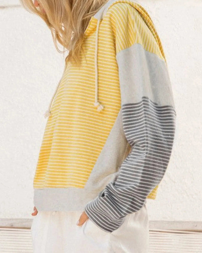 Striped Color Block Hoodie with Drawstring - Trendsi
