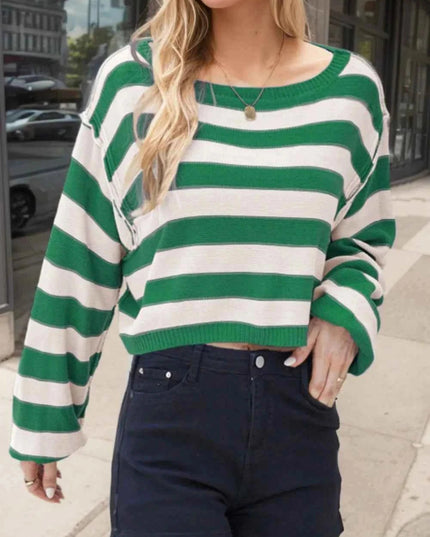 Striped Dropped Shoulder Long Sleeve Sweater - Trendsi