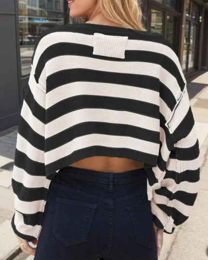Striped Dropped Shoulder Long Sleeve Sweater - Trendsi