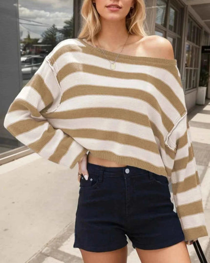 Striped Dropped Shoulder Long Sleeve Sweater - Trendsi
