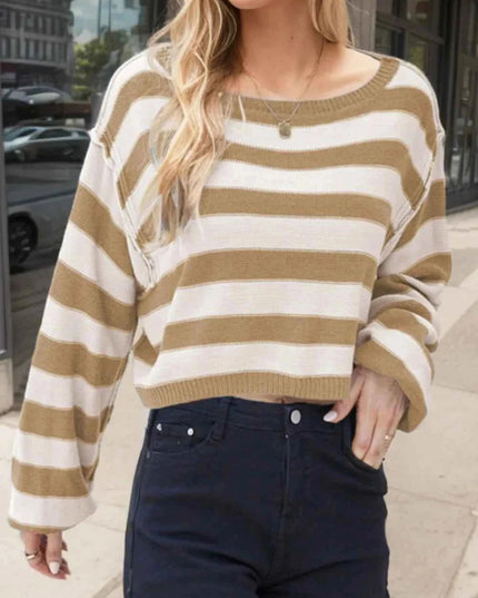 Striped Dropped Shoulder Long Sleeve Sweater - Trendsi