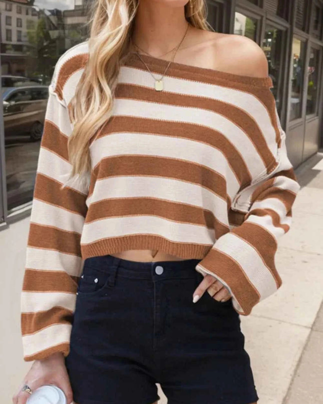 Striped Dropped Shoulder Long Sleeve Sweater - Trendsi