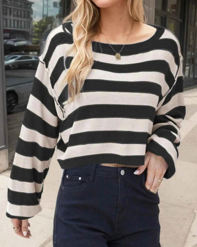 Striped Dropped Shoulder Long Sleeve Sweater - Trendsi
