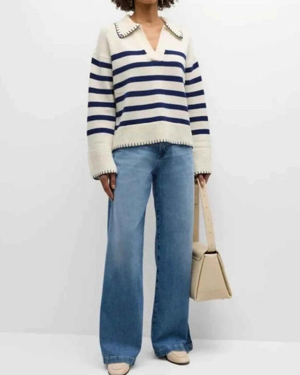 Striped Johnny Collar Sweater - Trendsi