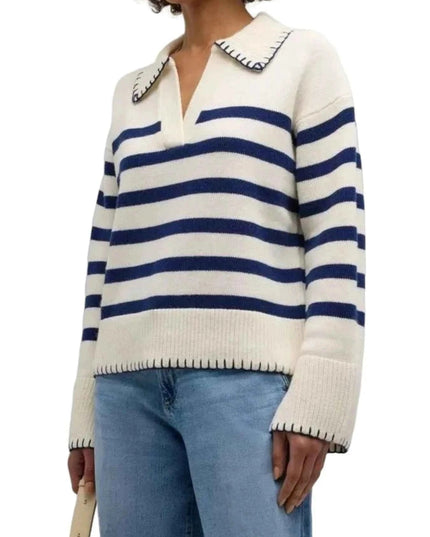 Striped Johnny Collar Sweater - Trendsi