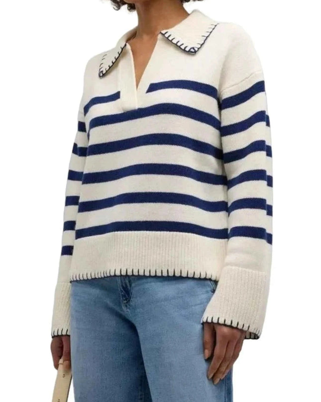 Striped Johnny Collar Sweater - Trendsi