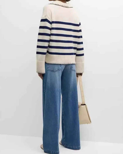 Striped Johnny Collar Sweater - Trendsi