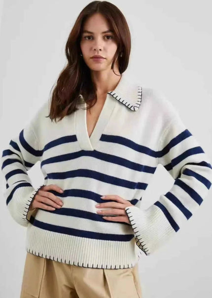 Striped Johnny Collar Sweater - Trendsi