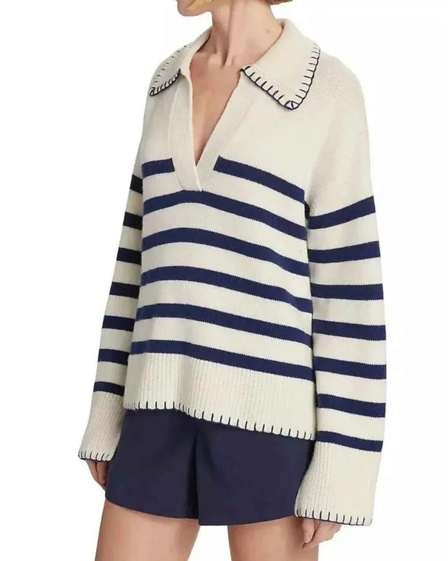 Striped Johnny Collar Sweater - Trendsi