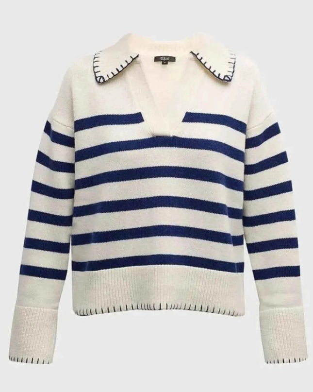 Striped Johnny Collar Sweater - Trendsi