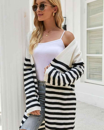 Striped Open Front Longline Cardigan - Trendsi