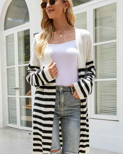 Striped Open Front Longline Cardigan - Trendsi