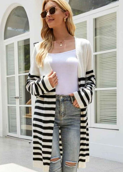 Striped Open Front Longline Cardigan - Trendsi