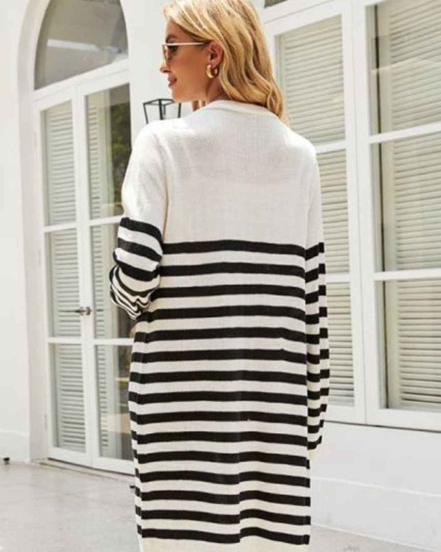 Striped Open Front Longline Cardigan - Trendsi