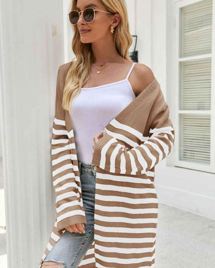 Striped Open Front Longline Cardigan - Trendsi