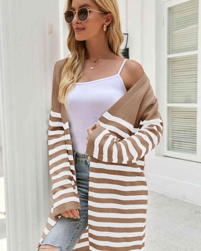 Striped Open Front Longline Cardigan - Trendsi