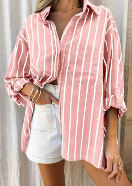 Striped Oversized Button - Down Shirt - Trendsi