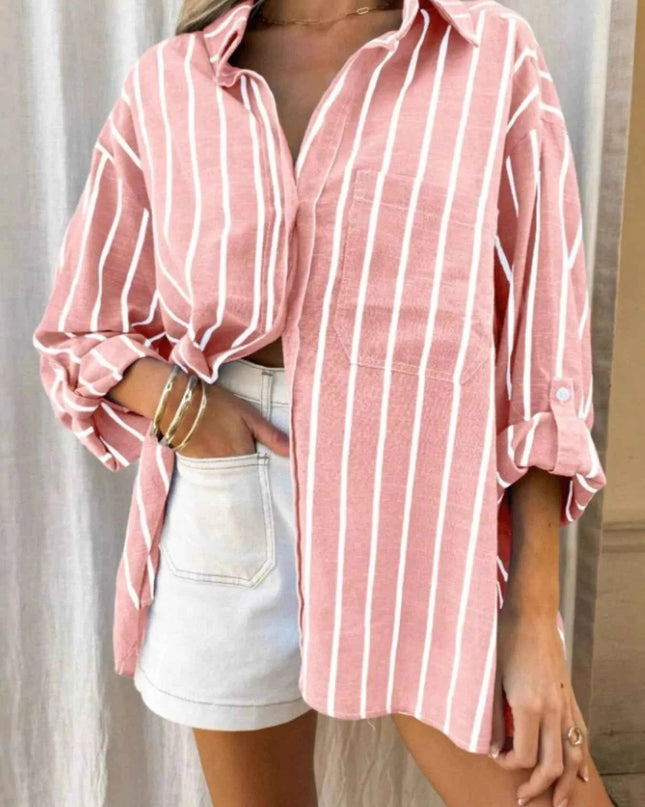 Striped Oversized Button - Down Shirt - Trendsi