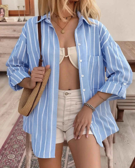 Striped Oversized Button - Down Shirt - Trendsi