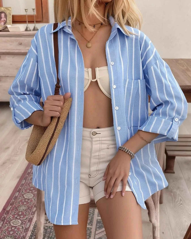 Striped Oversized Button - Down Shirt - Trendsi