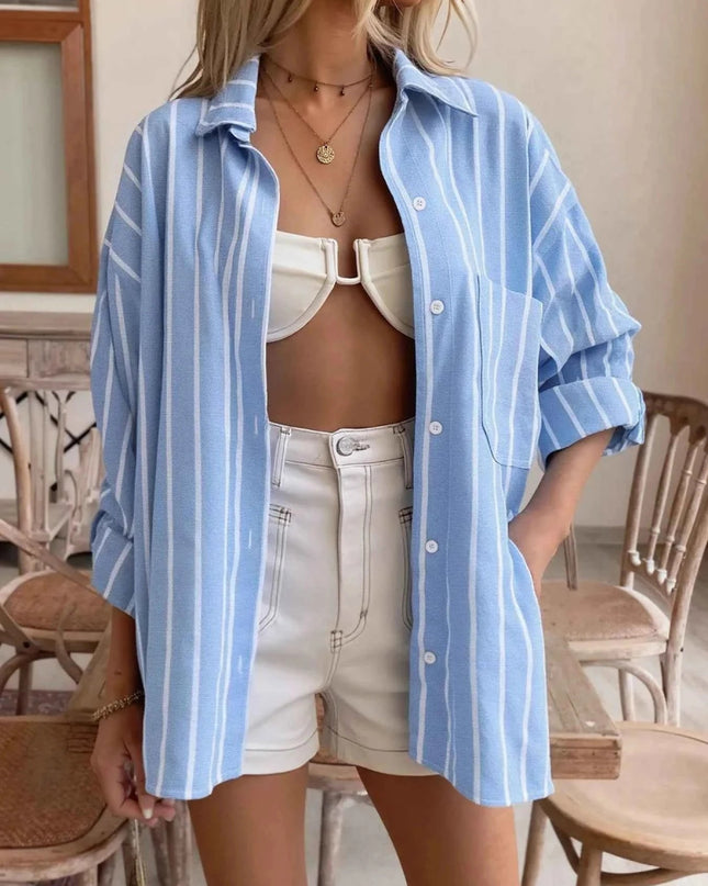 Striped Oversized Button - Down Shirt - Trendsi