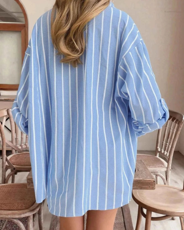 Striped Oversized Button - Down Shirt - Trendsi