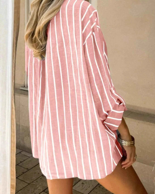 Striped Oversized Button - Down Shirt - Trendsi