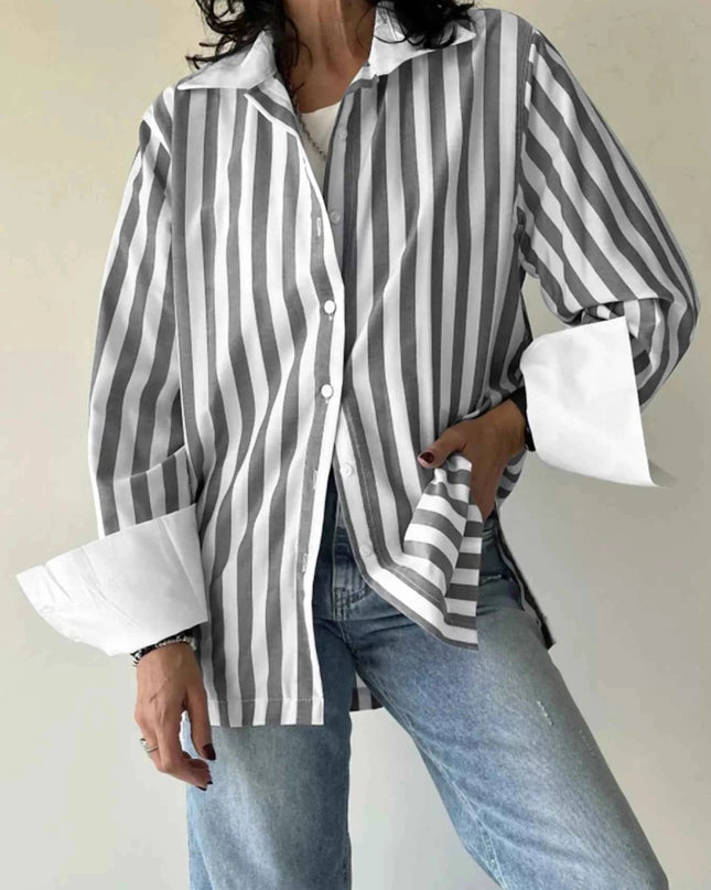 Striped Oversized Button - Up Shirt - Trendsi