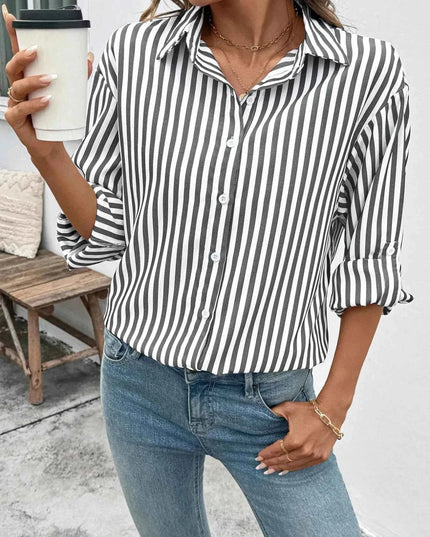 Striped Oversized Button - Up Shirt - Trendsi