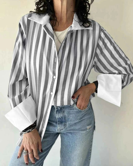 Striped Oversized Button - Up Shirt - Trendsi