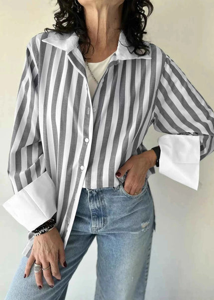 Striped Oversized Button - Up Shirt - Trendsi