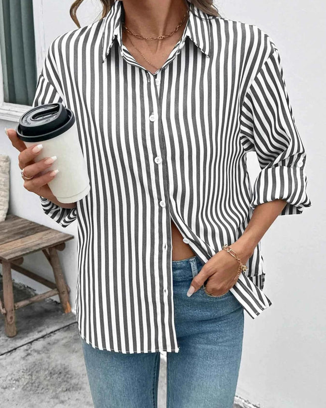 Striped Oversized Button - Up Shirt - Trendsi