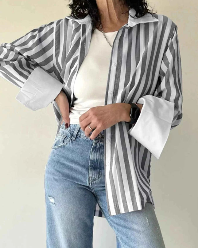 Striped Oversized Button - Up Shirt - Trendsi