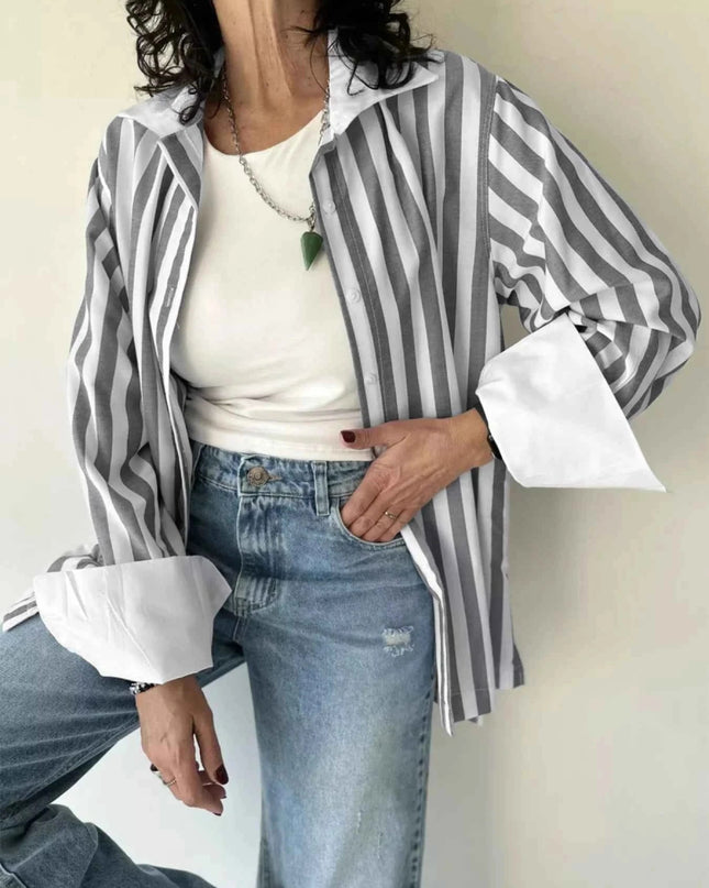 Striped Oversized Button - Up Shirt - Trendsi