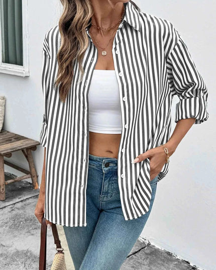 Striped Oversized Button - Up Shirt - Trendsi