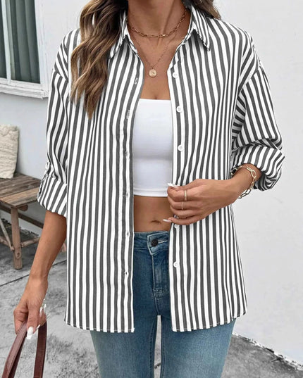 Striped Oversized Button - Up Shirt - Trendsi